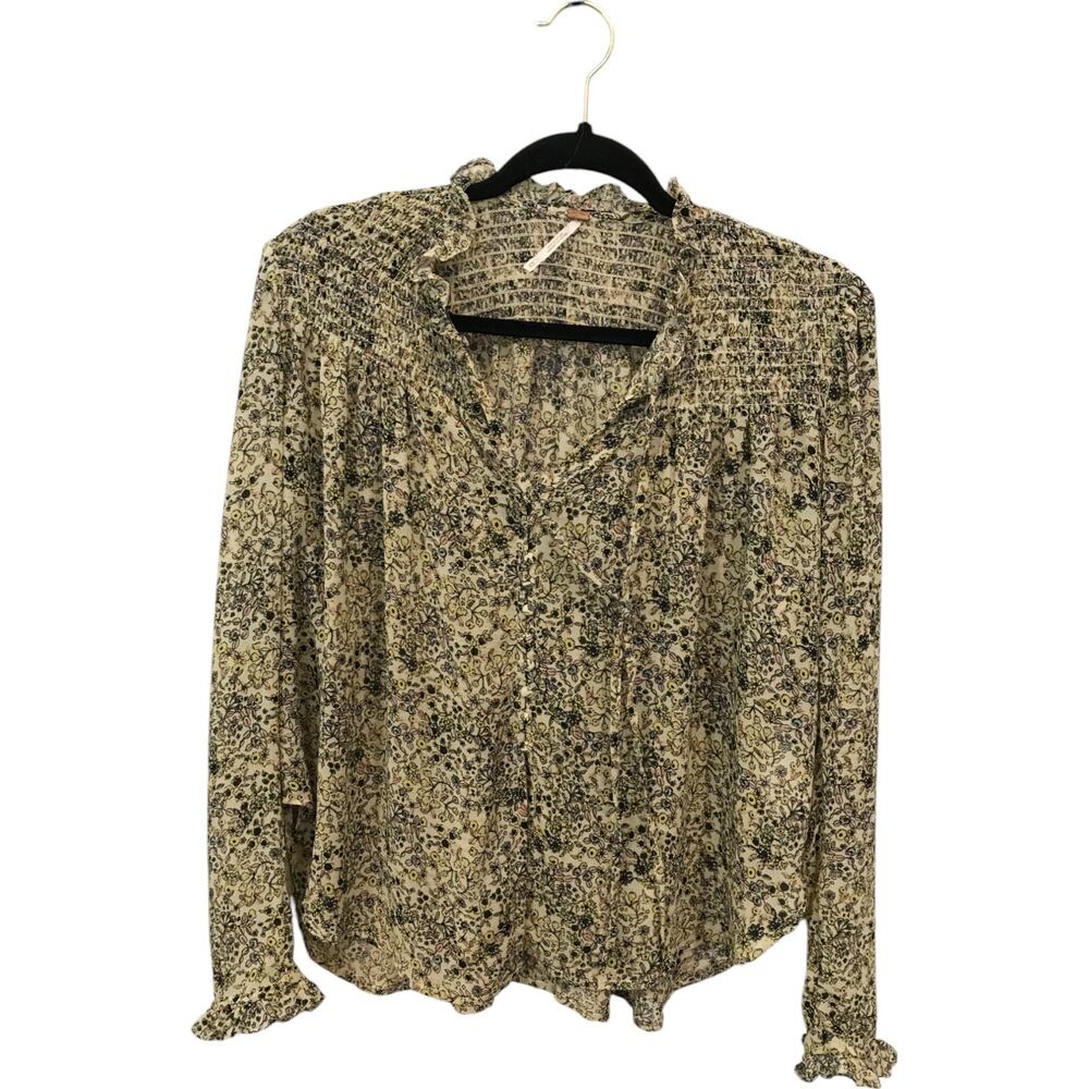 Free People Lela Blouse Womens XS Floral Ruffled Neck and Cuff Long Sleeve Boho